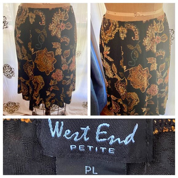 Vintage 90s WEST END Black Floral Swing Skirt Bohemian Cottagecore Y2K Academia - Picture 1 of 6
